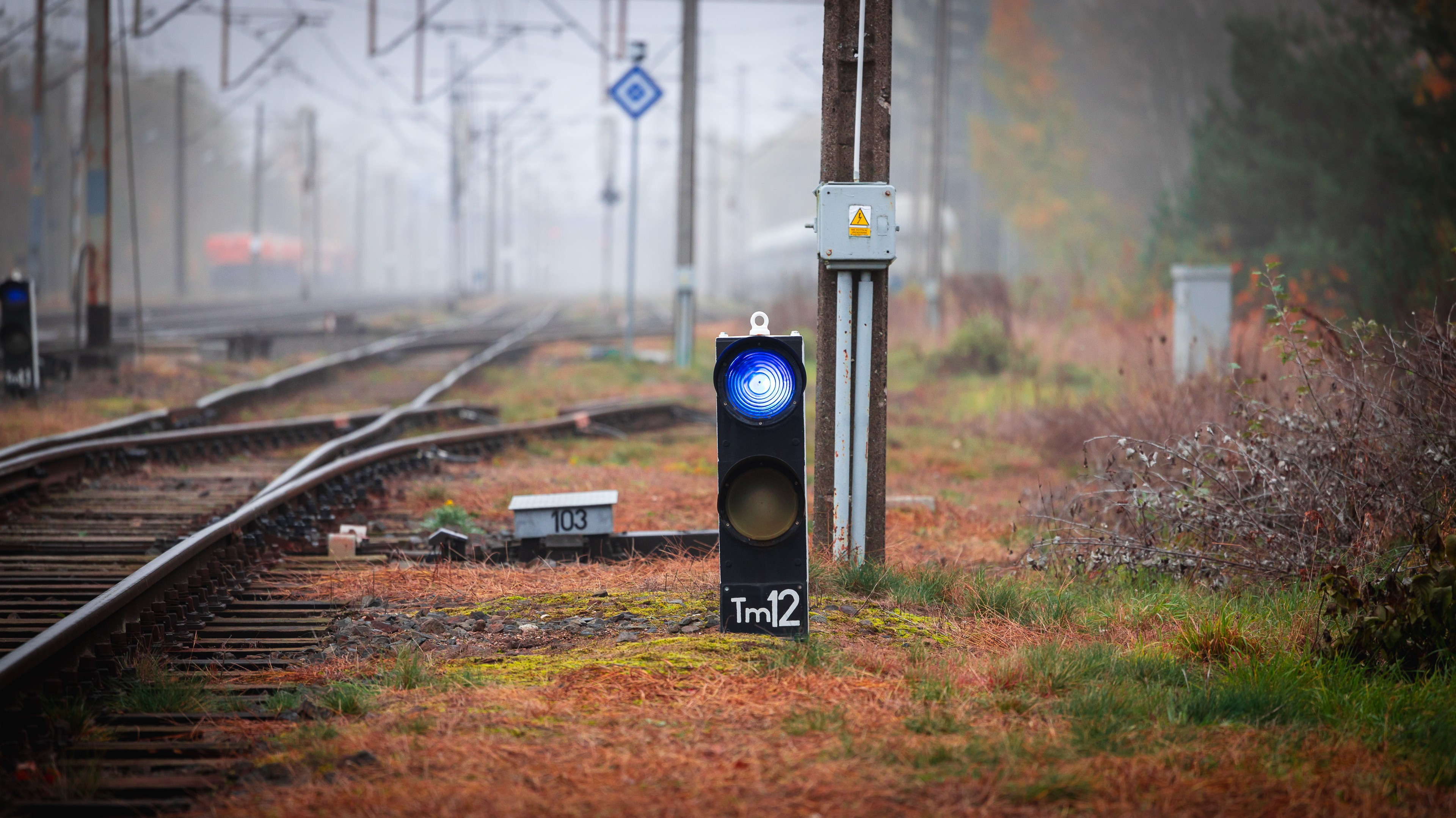 Zdjęcie przedstawia sygnalizator kolejowy  umieszczony przy torach w mglisty dzień.